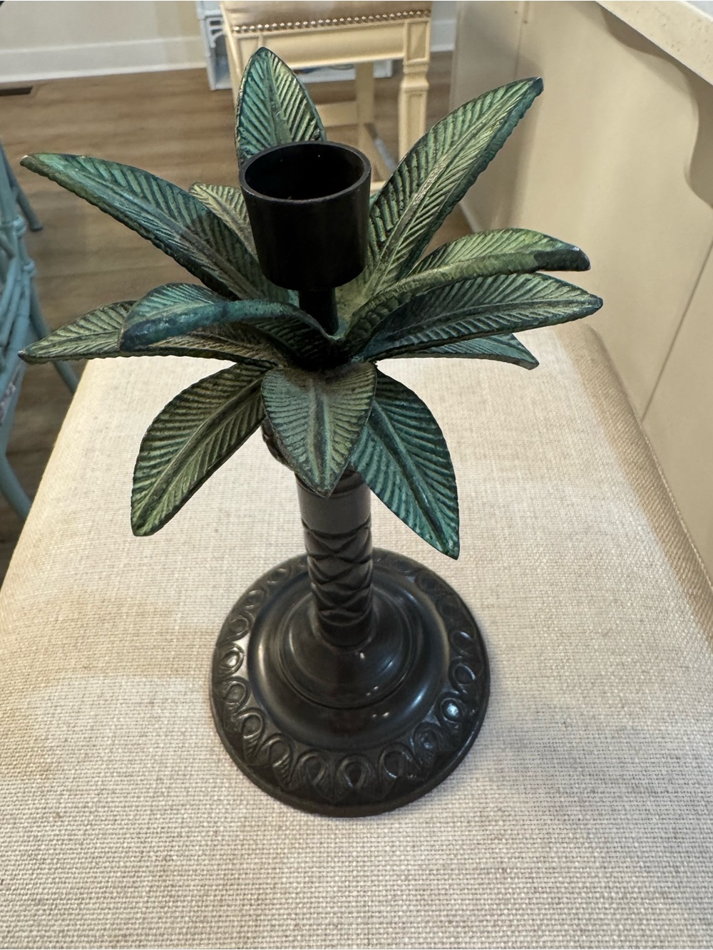 Verdigris Palm Tree Candle Holder – Tropical Solid Brass Metal Table Decor 9”